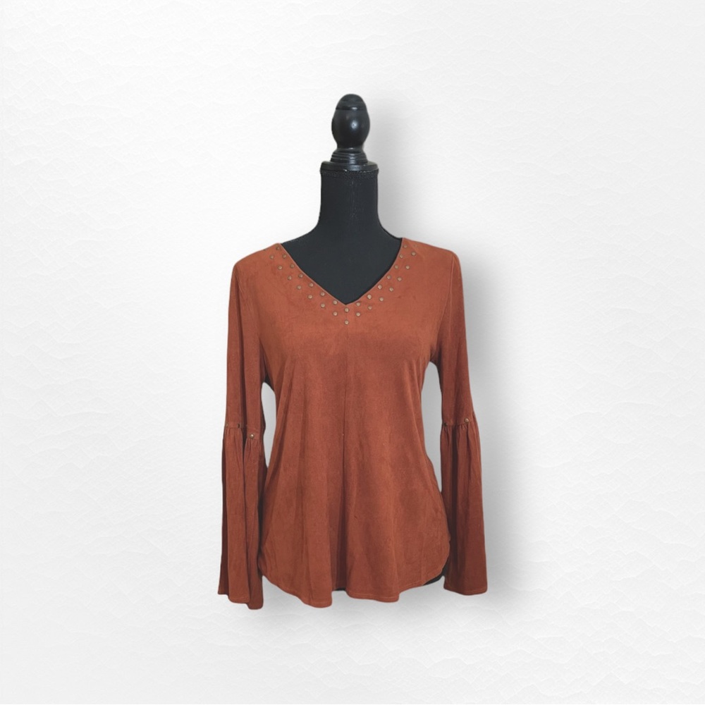 Style&Co Faux Suede Bell Sleeve Top w/ Brass Button Accents in Rust/Burn…